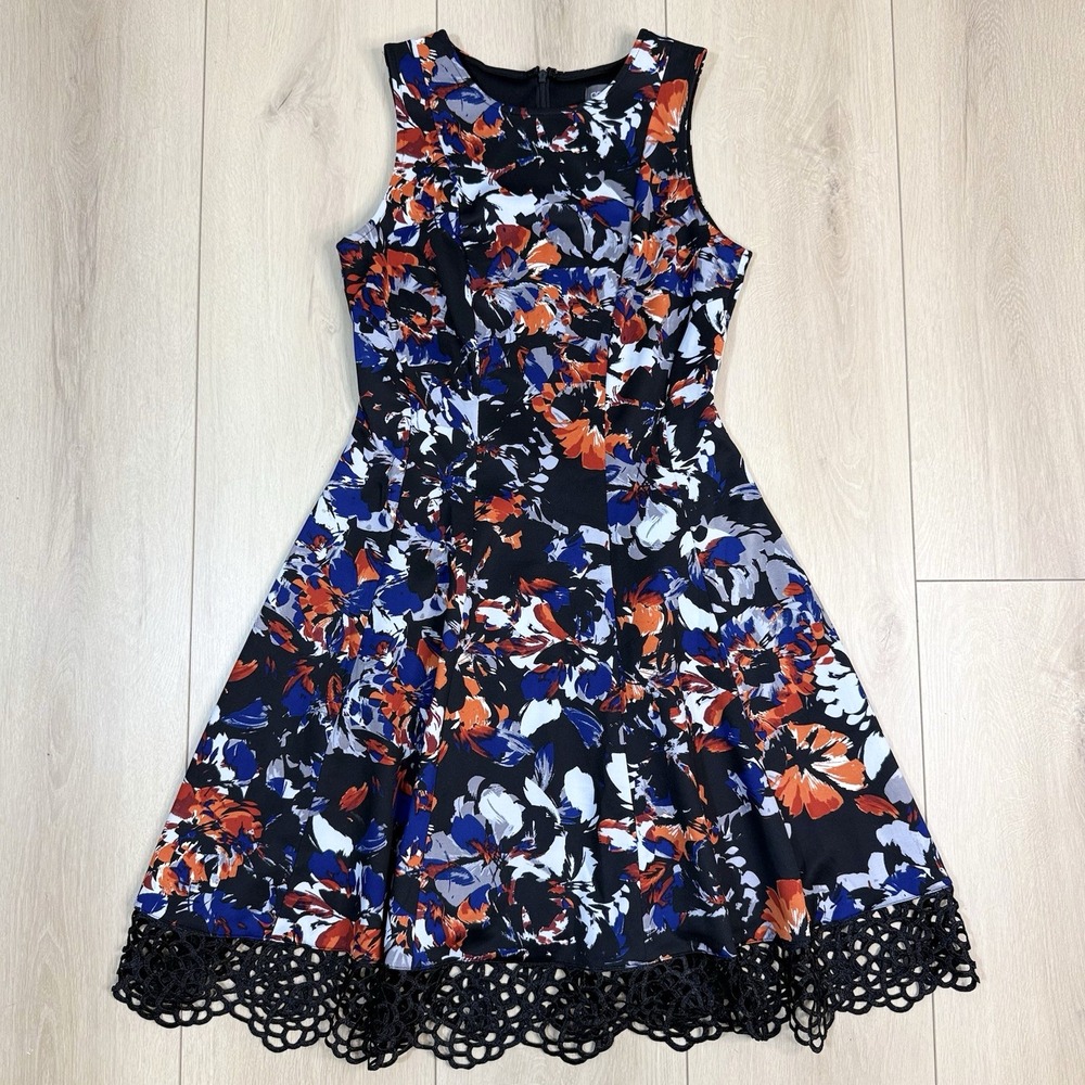 Donna Ricco New York Floral Sleeveless Dress Women's 10 Black Red‎ Blue Lace Hem